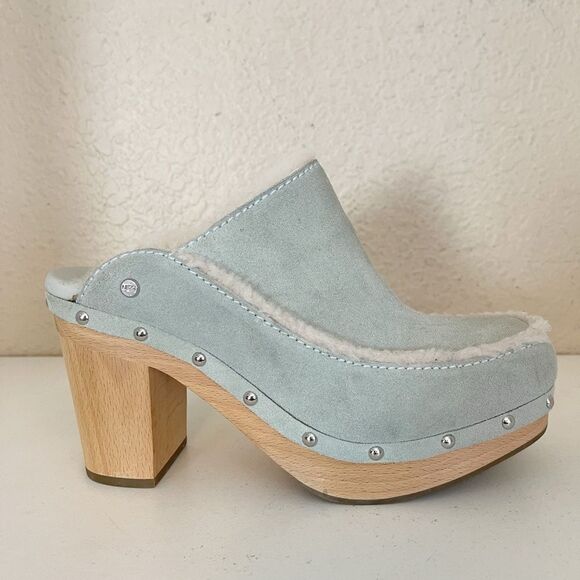 UGG Aubriana Platform Slip On Wooden Clog Heel in Sage mint green 9 - Picture 14 of 16